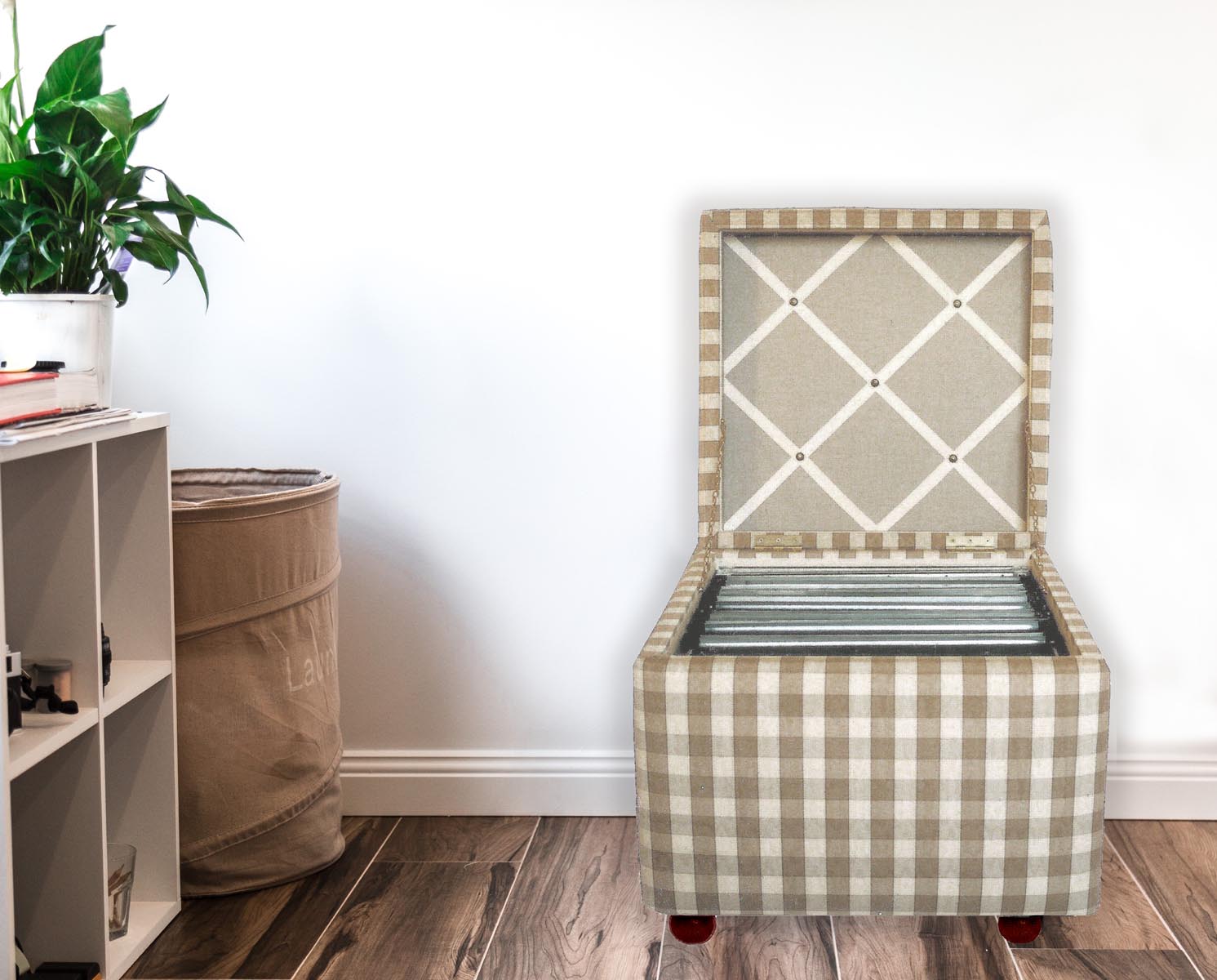 A green and white chequered filing chest