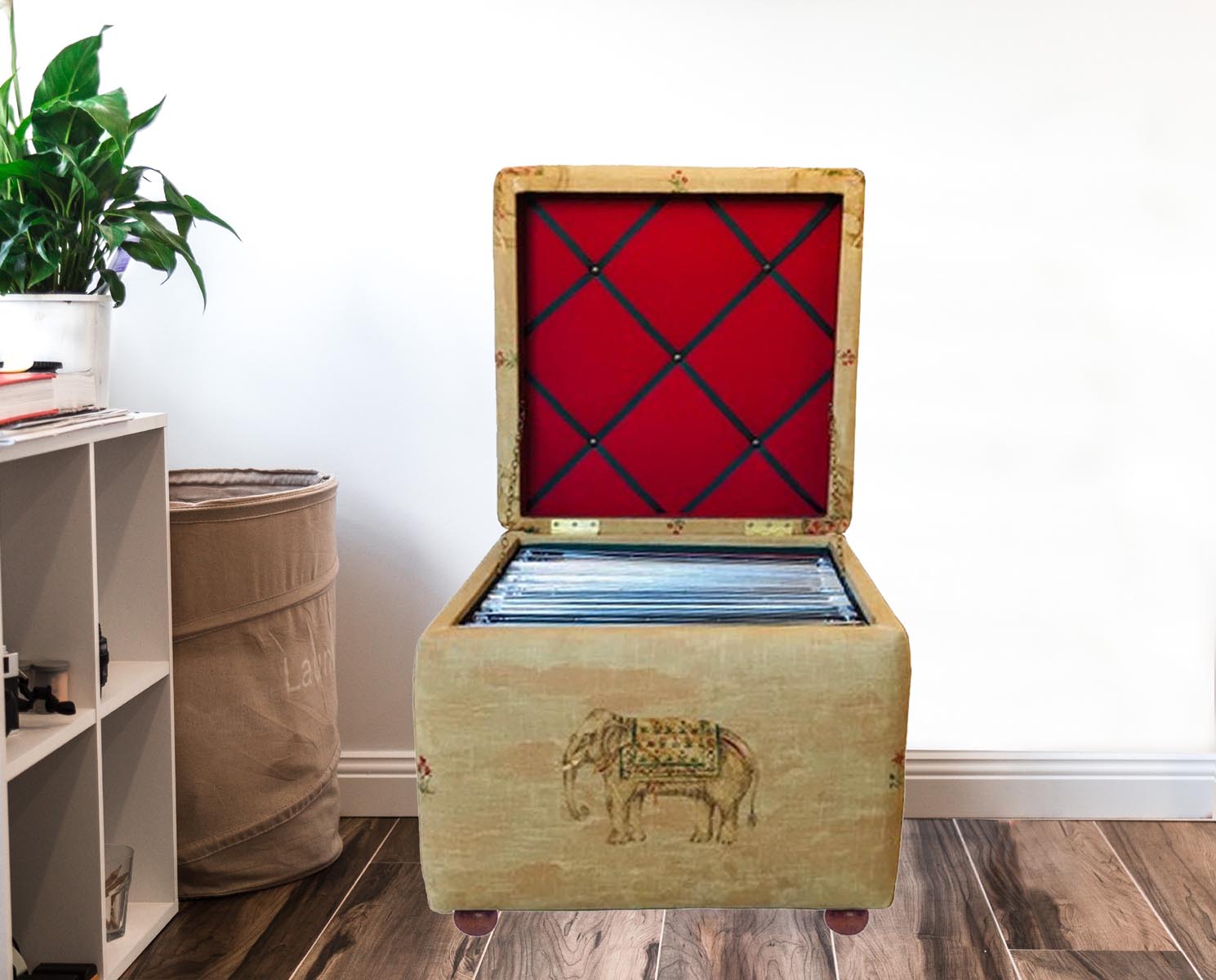 A brown filing chest with an elephant